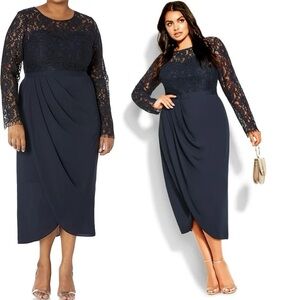 City Chic black floral lace‎ faux wrap long sleeves midi dress party size XXL 2X